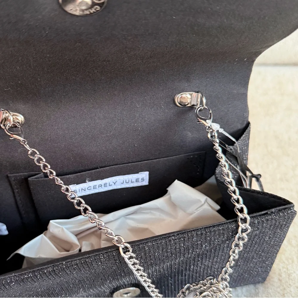Sincerely Jules Black Evening Bag with Rhinestone Bow & Handle